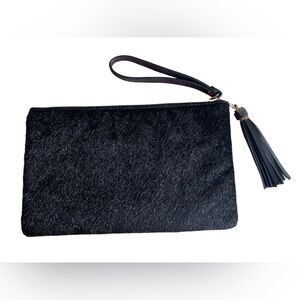 Cato Faux Black Cowhide Tassel Wristlet Clutch, Evening Bag, Festival, Western